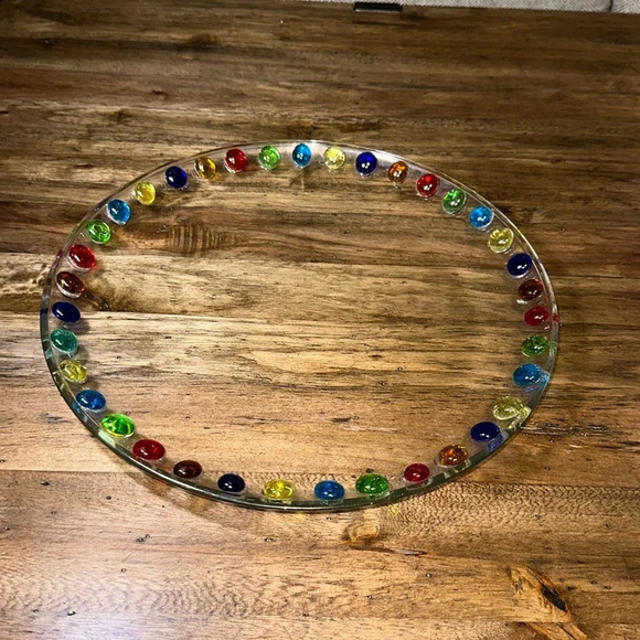 Other - Gorgeous Lrg Glass Multi Color Beaded Embellished 13” Serving Tray Platter Plate